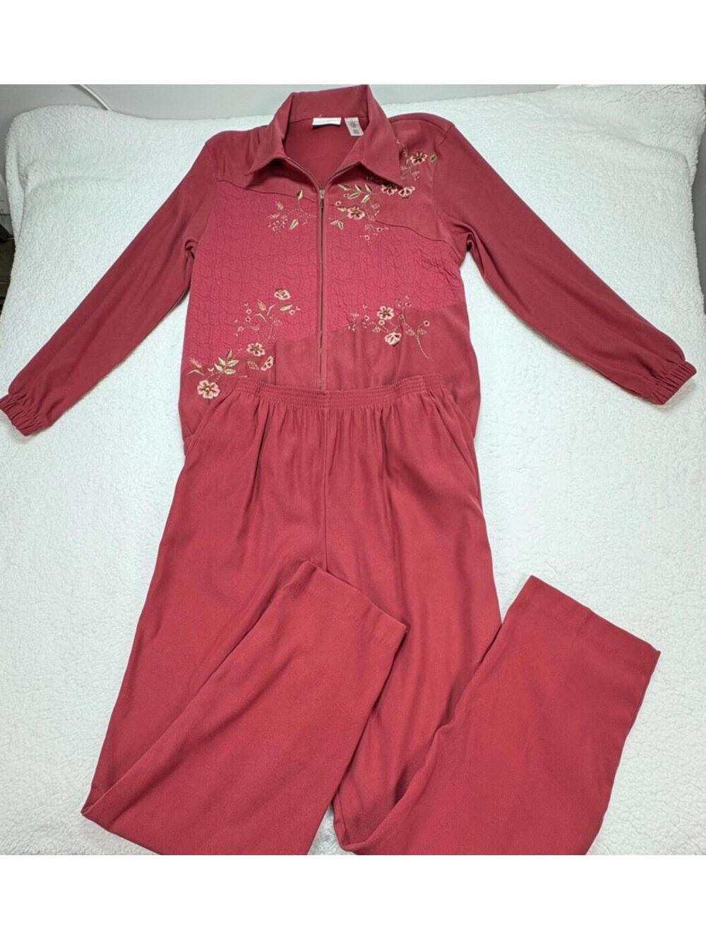 Vintage Alfred Dunner 2 Piece Set Women's Size 12 Rose Red Embroidered Floral